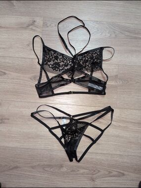 Yandy Black Lace Strappy Bralette & Bikini Set